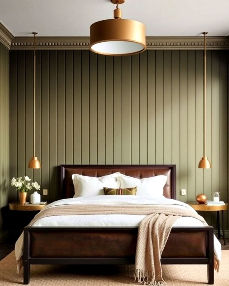 vertical olive panels for bedroom - 20 Green Panelling Bedroom Ideas