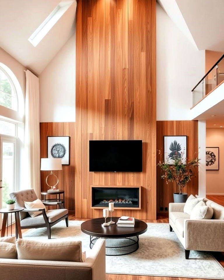 vertical paneling design - 25 High Ceiling Living Room Ideas