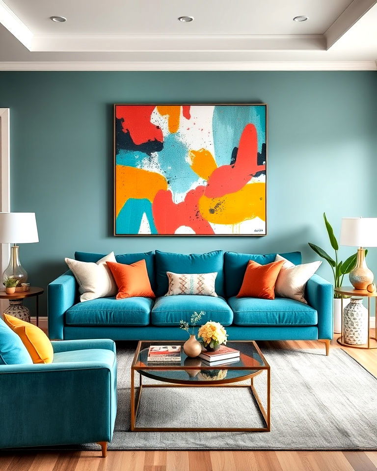 vibrant artwork for teal couch living room - 20 Teal Couch Living Room Ideas