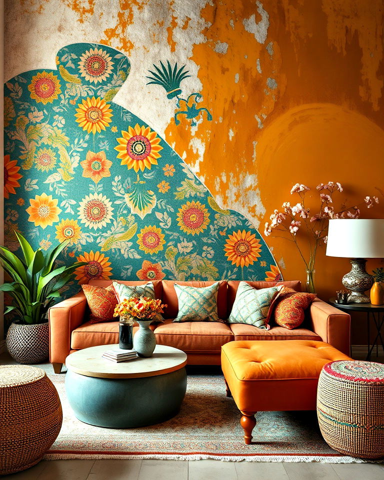vibrant bohemian accent wall - 30 Bohemian Maximalist Decor Ideas