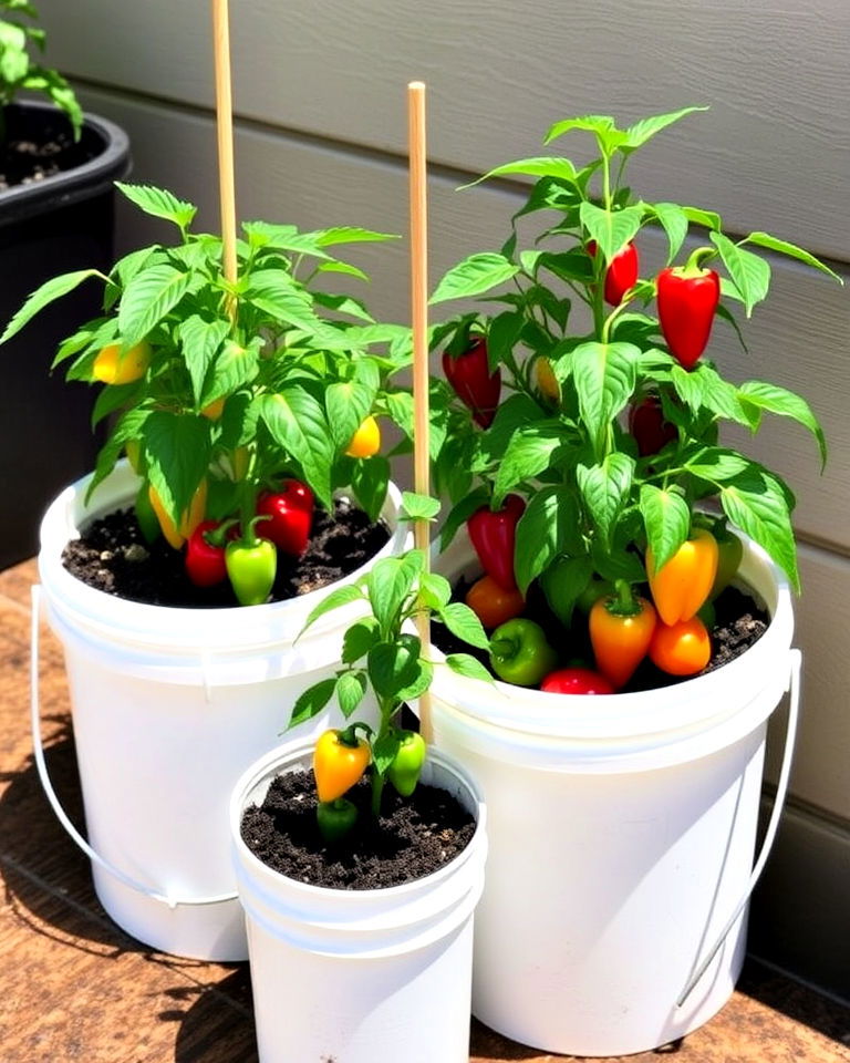 vibrant bucket pepper garden - 20 Bucket Garden Ideas