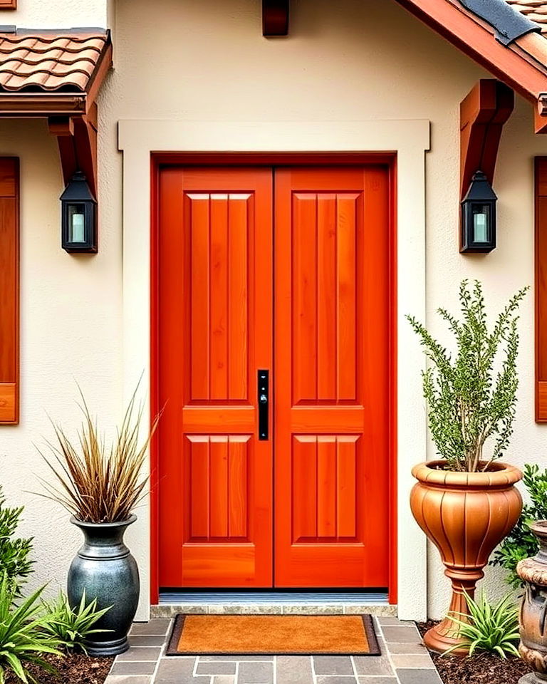 vibrant burnt orange door and cedar combo - 20 Cedar Front Door Colors Ideas