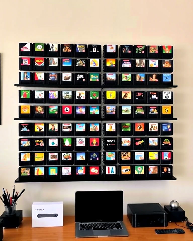 vibrant game cartridge display wall - 30 Retro Game Room Ideas