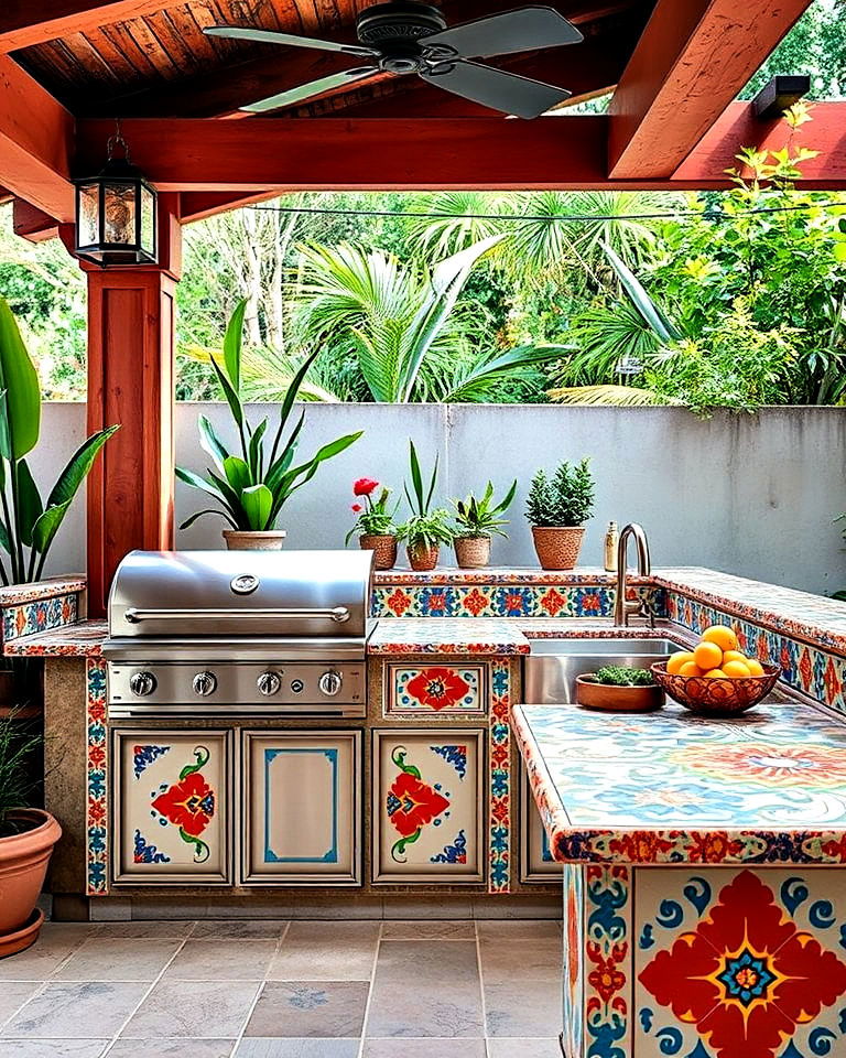 vibrant hand painted tile countertop - 20 Spanish Style Outdoor Kitchen Ideas