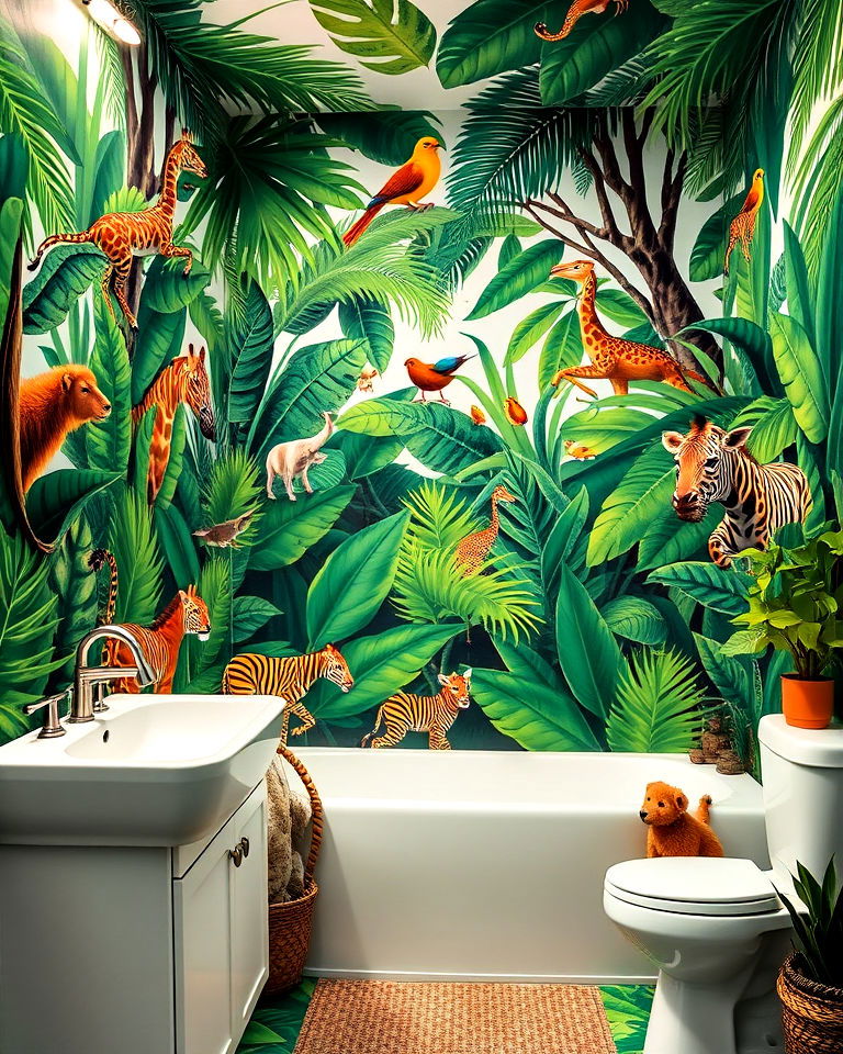 vibrant jungle safari mural for bathroom - 30 Bathroom Mural Ideas