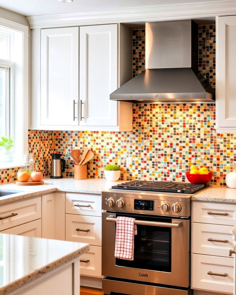 vibrant mosaic backsplash for white cabinets - 40 Kitchen Backsplash Ideas for White Cabinets