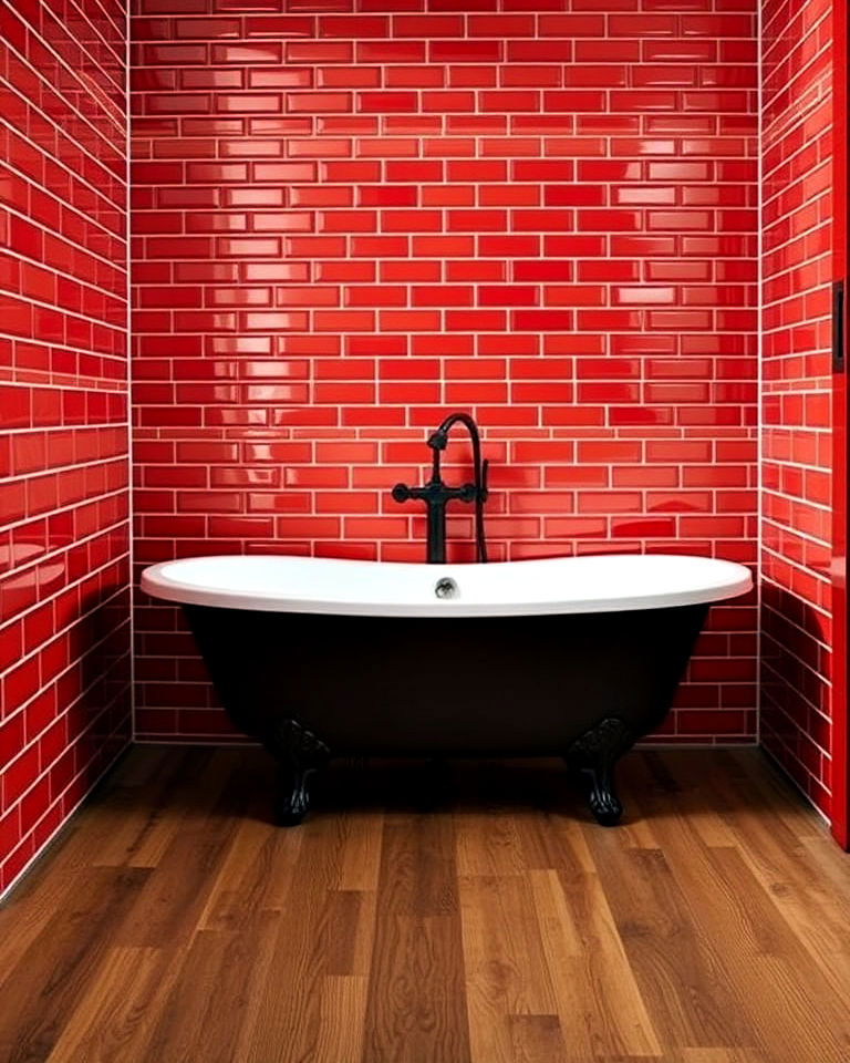 vibrant statement with bold red tiles - 40 Bathtub Tile Ideas