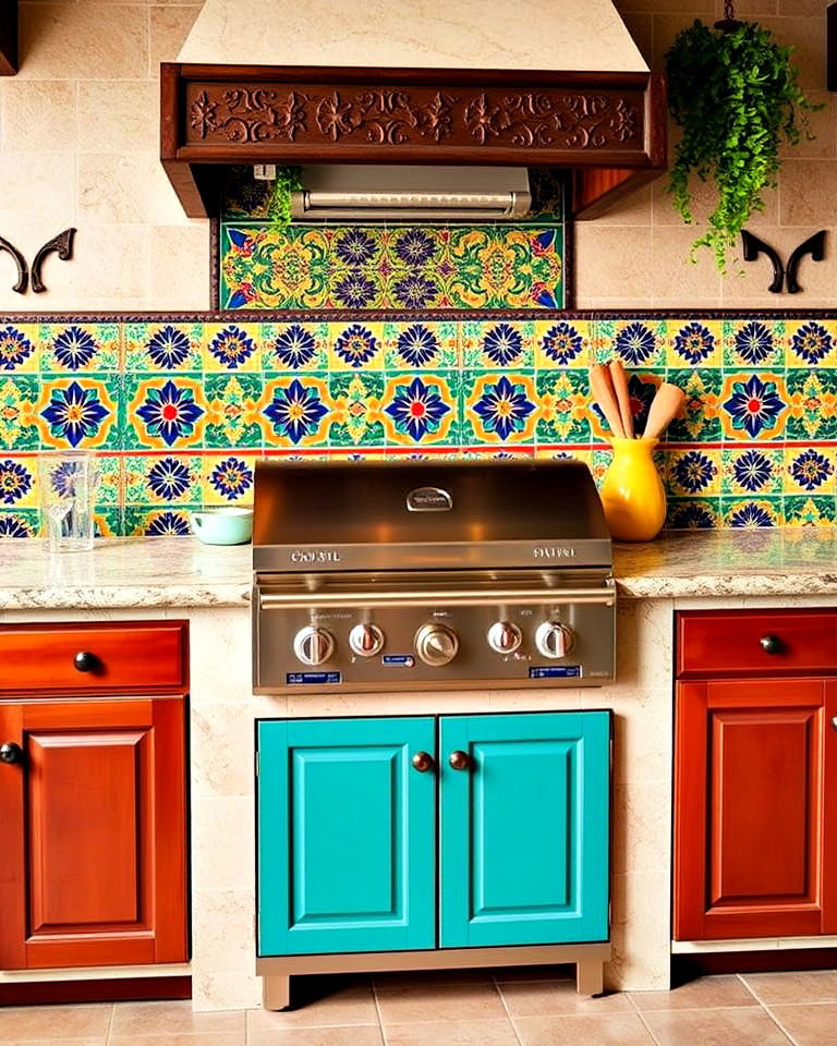 vibrant tile backsplash design - 20 Spanish Style Outdoor Kitchen Ideas