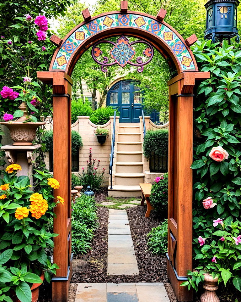 vibrant tiled mosaic garden arbor - 40 Garden Arbor Ideas