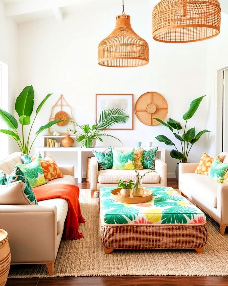 vibrant tropical accents with neutral backdrops - 25 Tropical Living Room Ideas