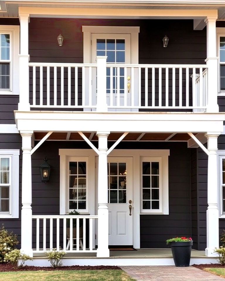 vibrant white railings and charcoal brown exterior - 25 Dark Brown House Exterior Ideas