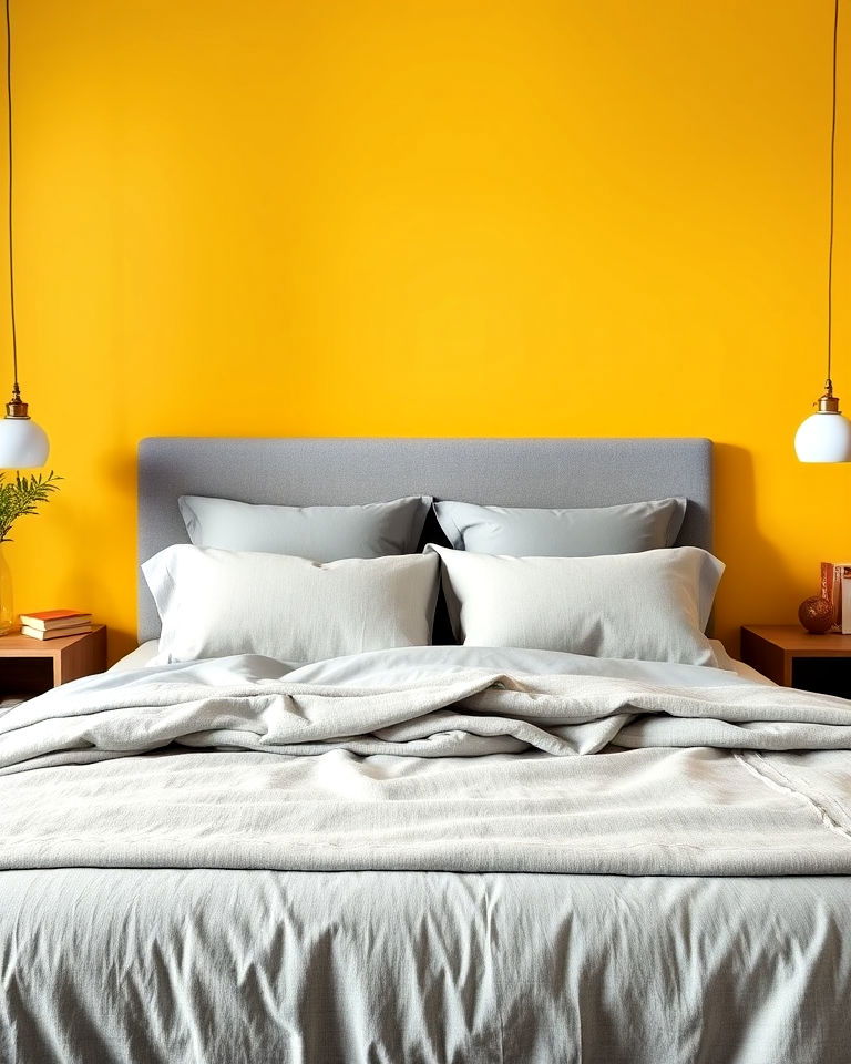 vibrant yellow accent wall with grey bedding - 25 Yellow and Grey Bedroom Ideas
