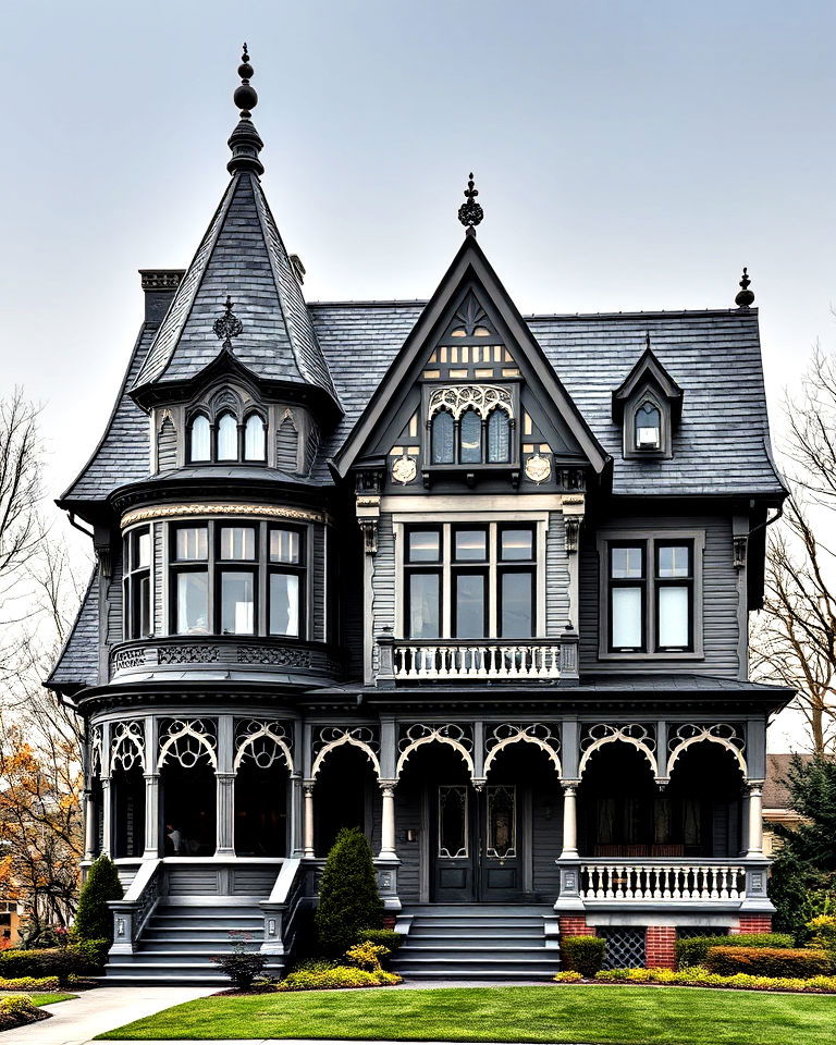 victorian gothic house design with black roof - 25 Houses With Black Roofs