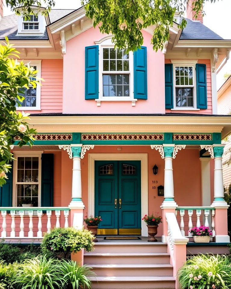 victorian home with light peach pink and teal accents - 25 Pink Victorian House Ideas