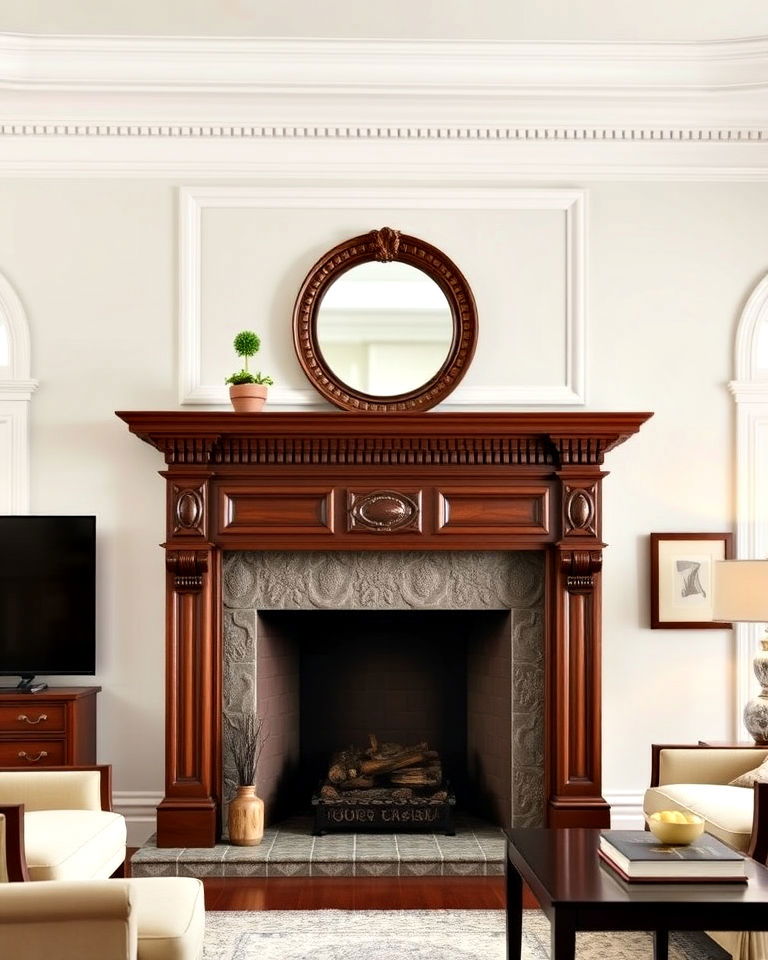 victorian inspired carved wood mantel - 20 Wood Fireplace Mantel Ideas