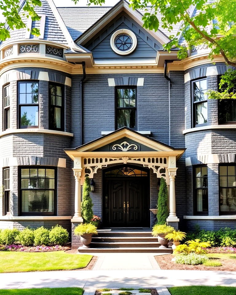victorian inspired home with gray bricks - 30 Gray Brick Exterior Home Ideas
