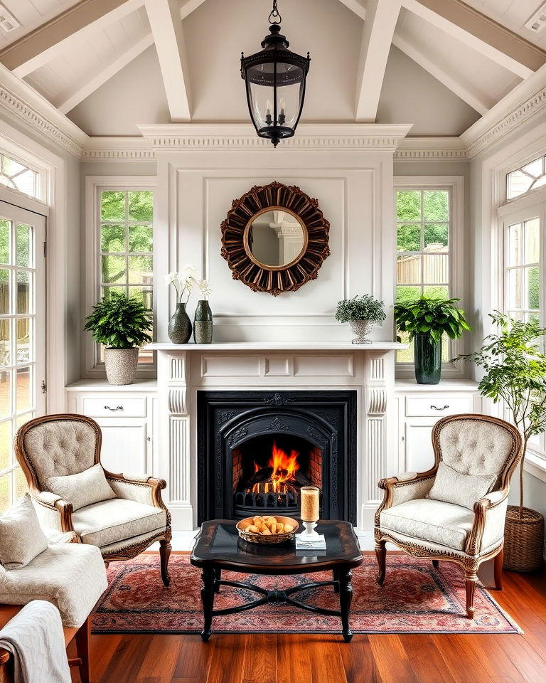 victorian sunroom with vintage fireplace - 25 Victorian Sunroom Ideas