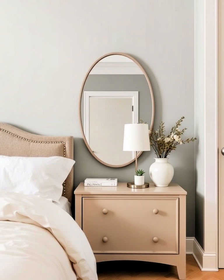 vintage aesthetic oval mirror behind nightstand - 15 Mirror Behind Nightstand Design Ideas