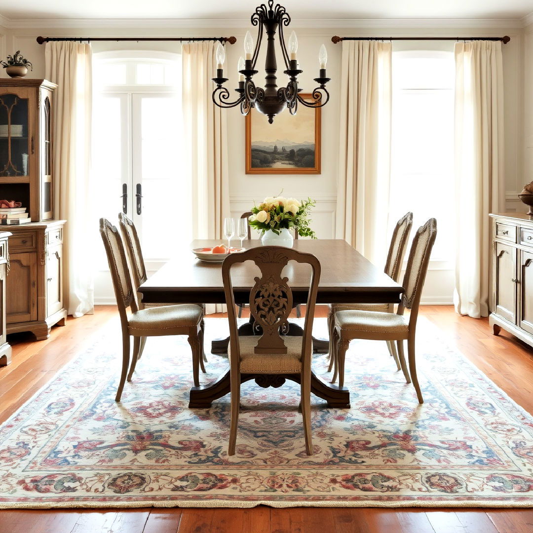 vintage area rug for french country dining room - 40 French Country Dining Room Ideas