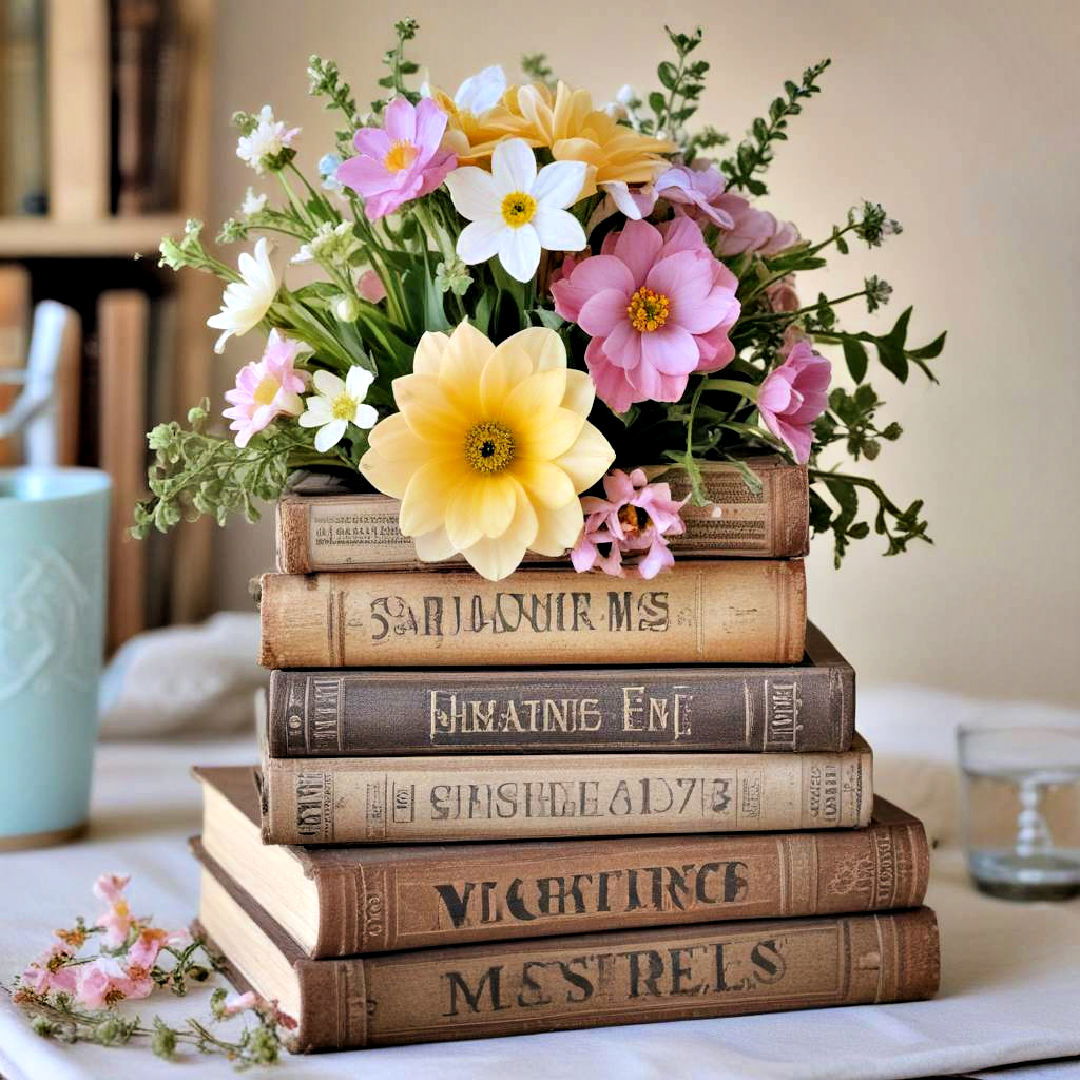 vintage book stacks with spring flowers - 25 Spring Centerpiece Ideas