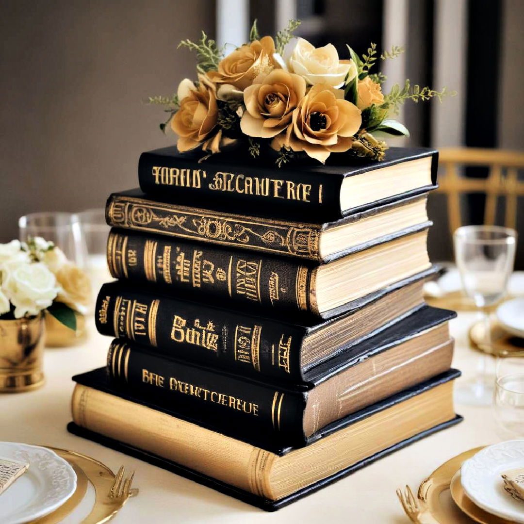 vintage books stack for black and gold centerpiece - 20 Black and Gold Centerpiece Ideas