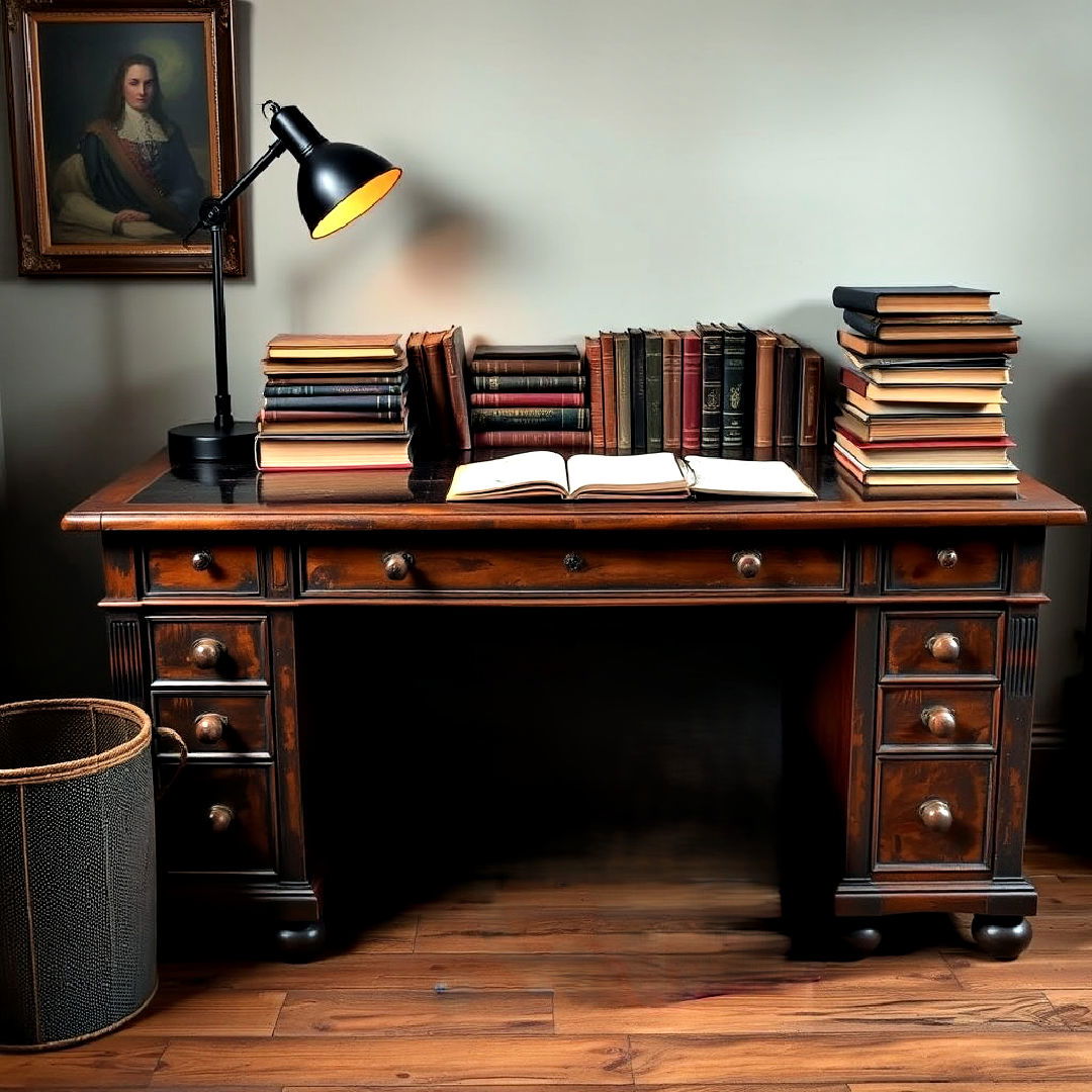vintage desk with stacks of books - 25 Dark Academia Bedroom Ideas