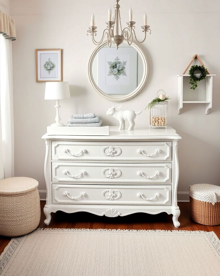 vintage details on white dresser - 15 White Nursery Ideas