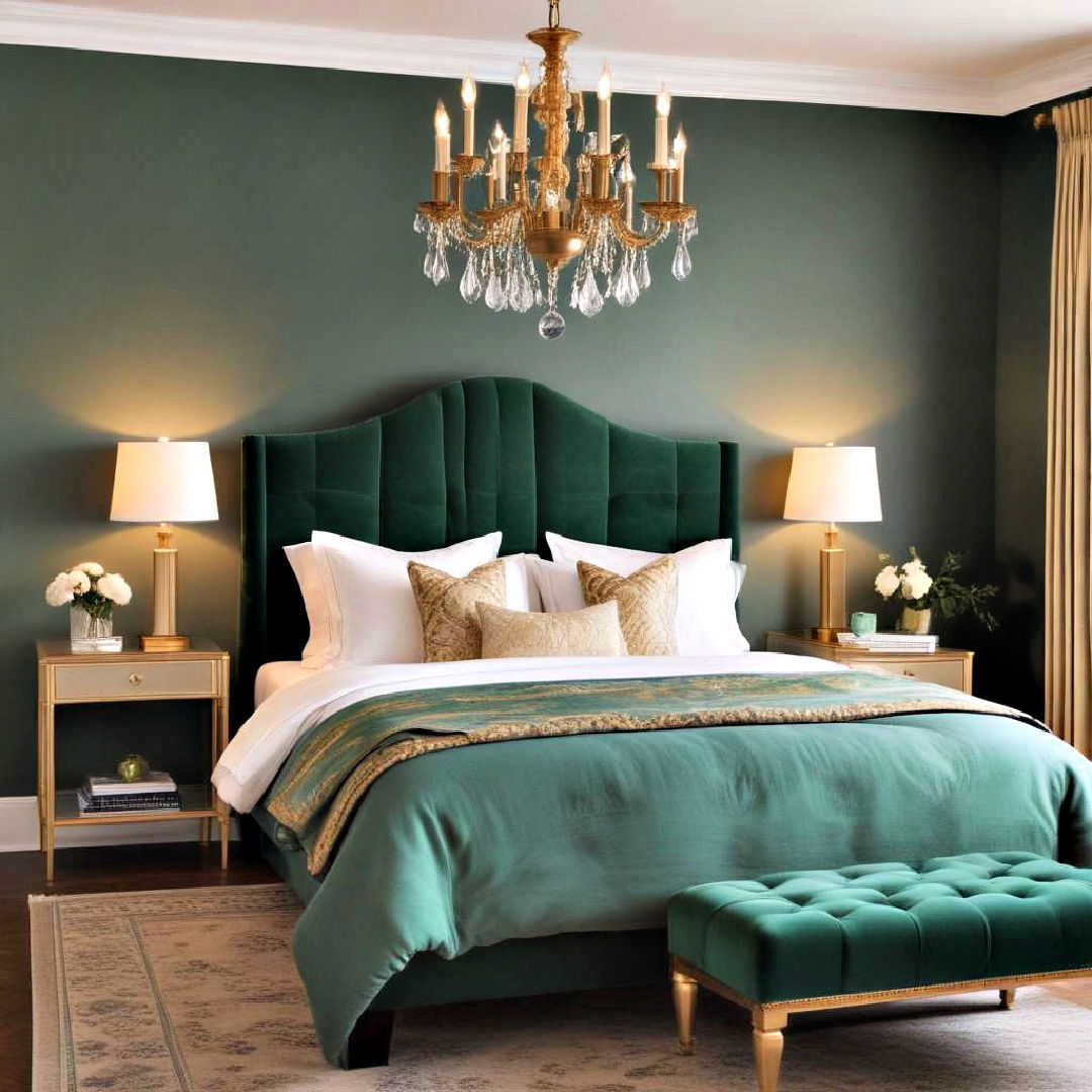 vintage gold lighting fixtures - 20 Emerald Green and Gold Bedroom Ideas