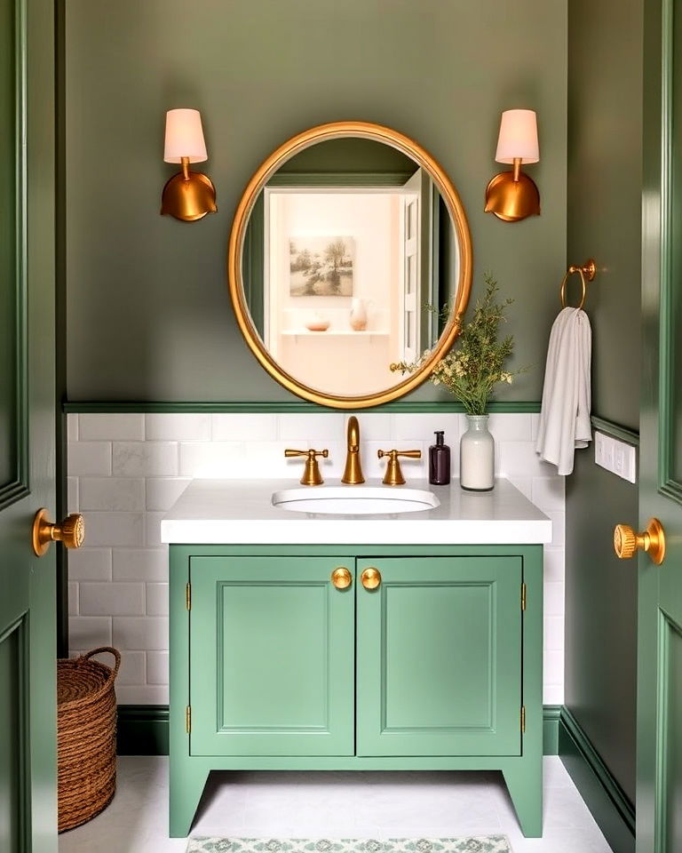 vintage inspired green vanity with gold fixtures - 20 Small Green Bathroom Ideas