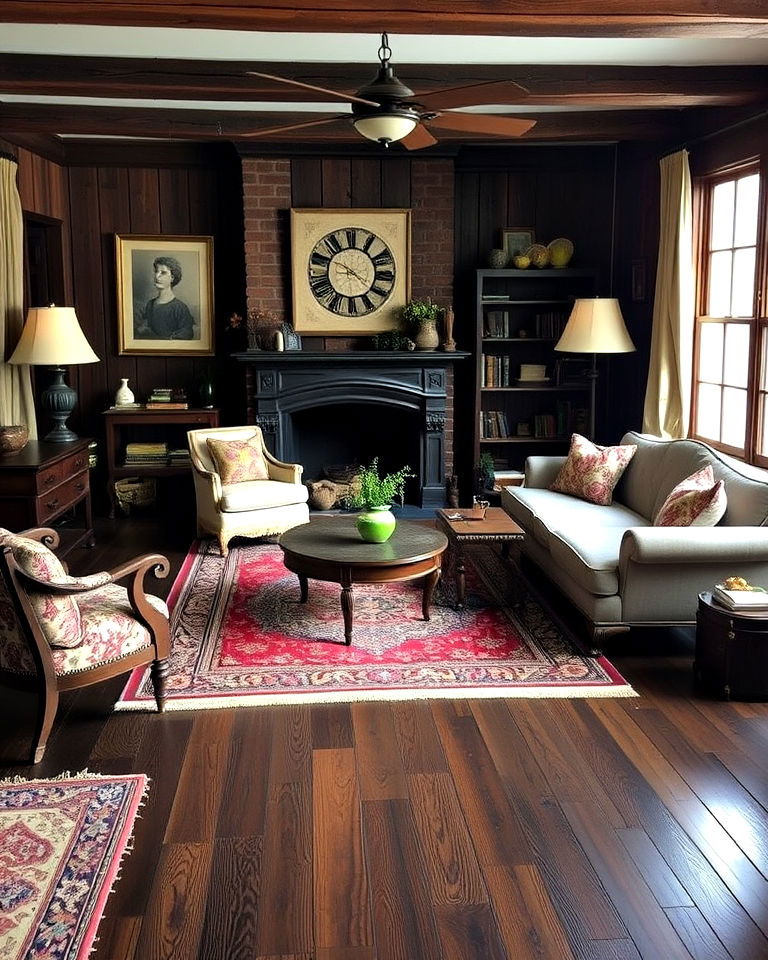 vintage inspired living room with dark walnut floor - 20 Dark Walnut Floors for Rooms