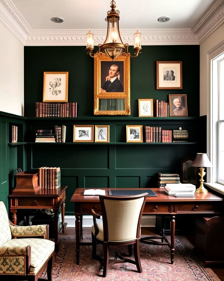 vintage inspired office with dark green accent wall - 40 Dark Green Accent Wall Ideas