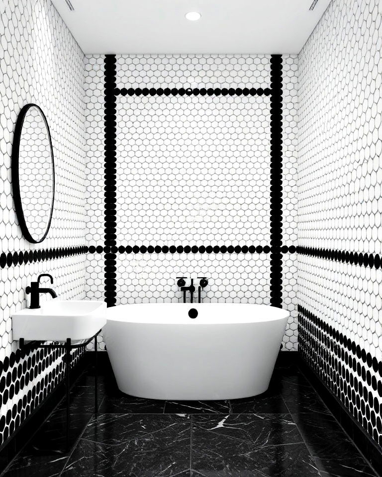 vintage inspired penny round bathroom tiles - 20 Black and White Bathroom Tile Ideas