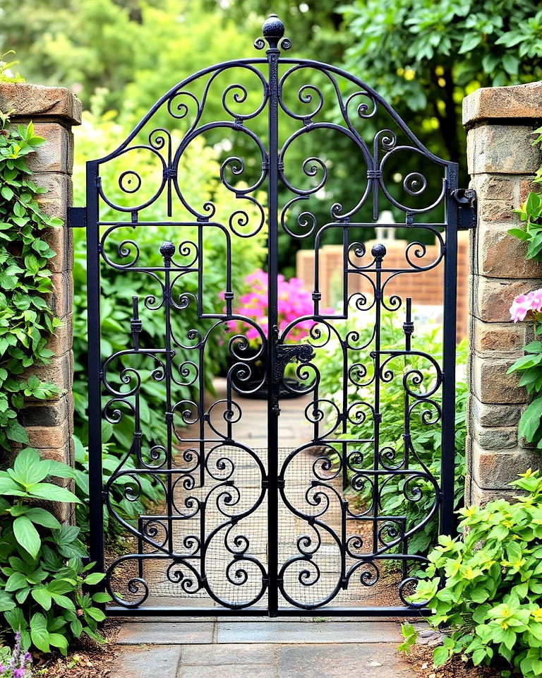 vintage iron gate with scrollwork - 25 Metal Garden Gate Ideas