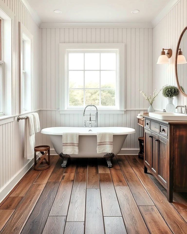vintage look distressed wood flooring - 25 Ideas for Wood Floors in Bathrooms