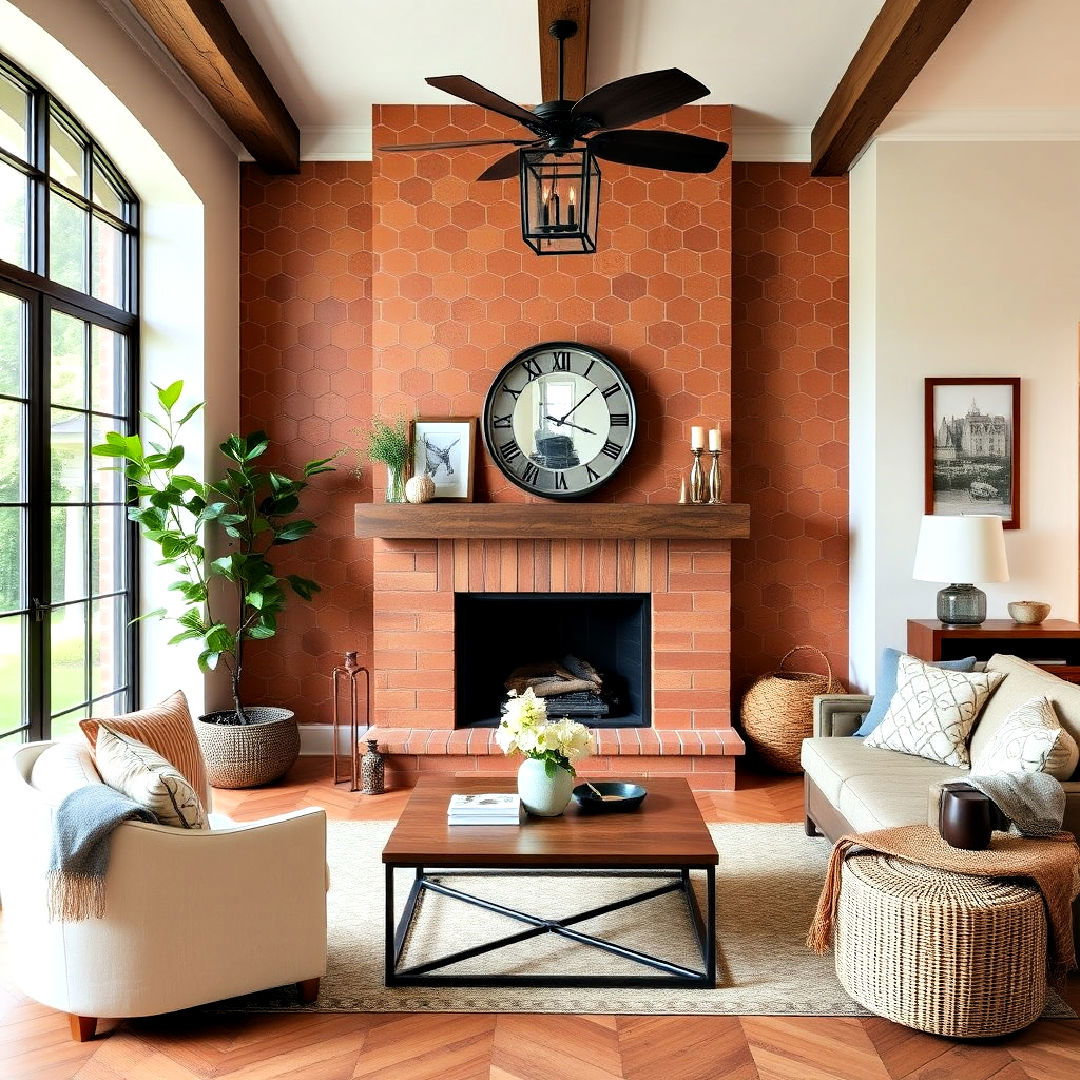 vintage look terracotta hexagon tiles - 30 Farmhouse Fireplace Tile Ideas