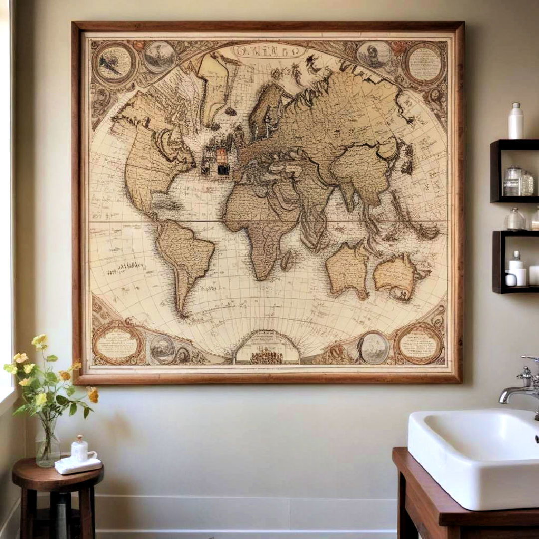 vintage map for bathroom art - 25 Bathroom Art Ideas