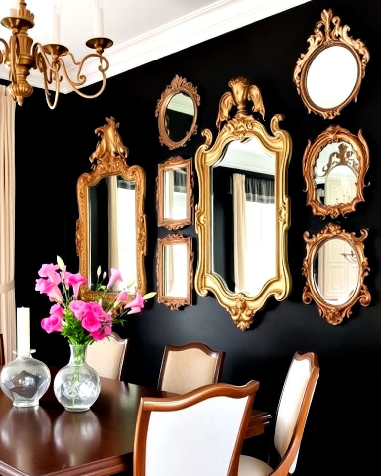 vintage mirrors on black accent wall - 20 Black Accent Wall Dining Room Ideas