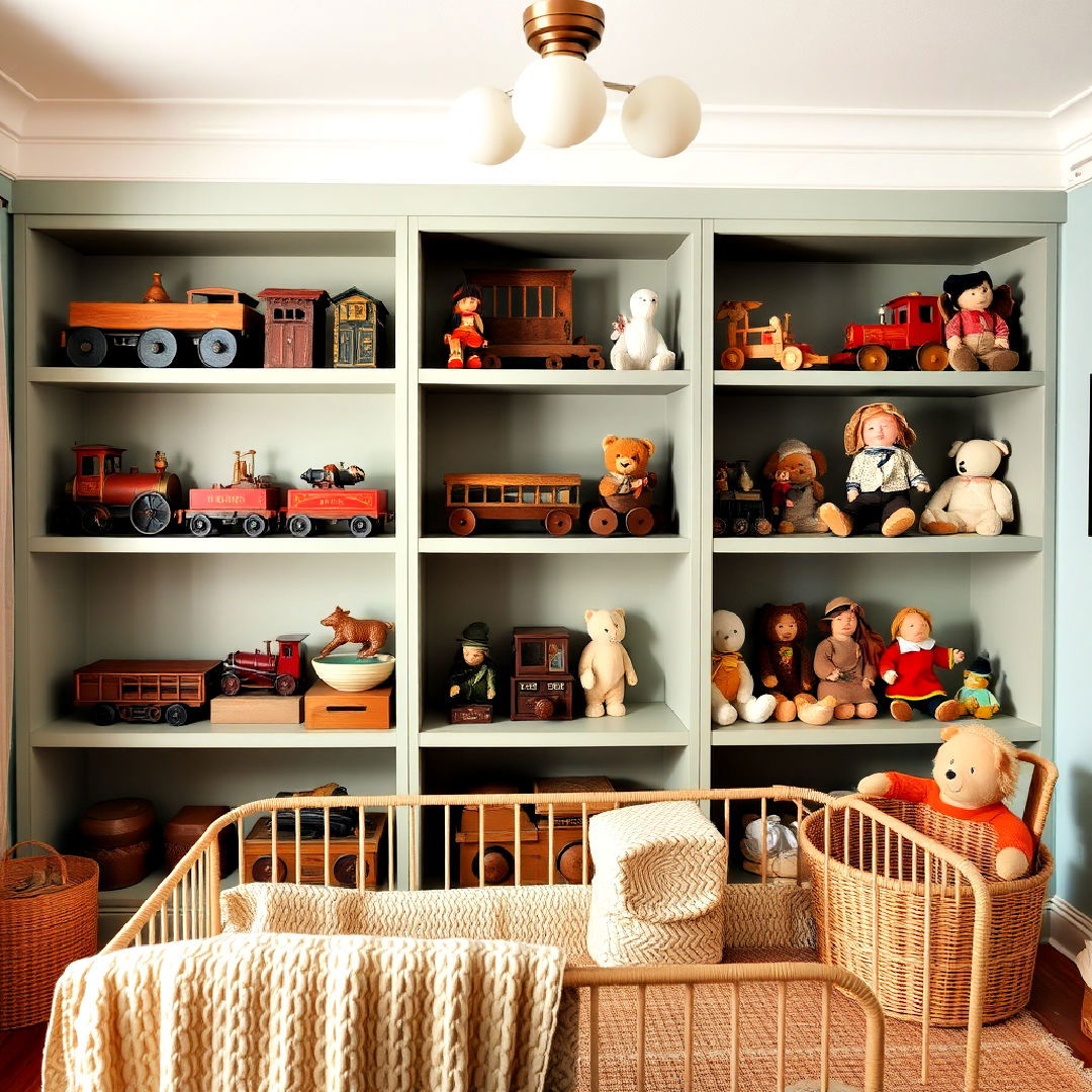 vintage nursery with toy display - 25 Vintage Nursery Ideas