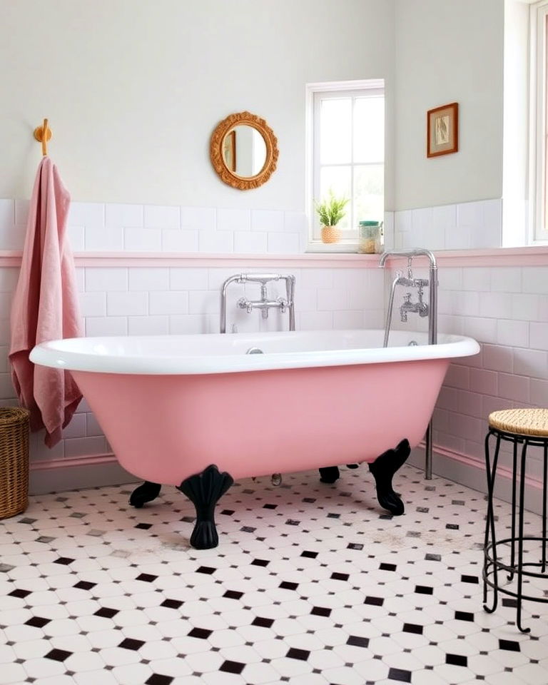 vintage pink clawfoot tub with black feet - 25 Pink and Black Bathroom Ideas