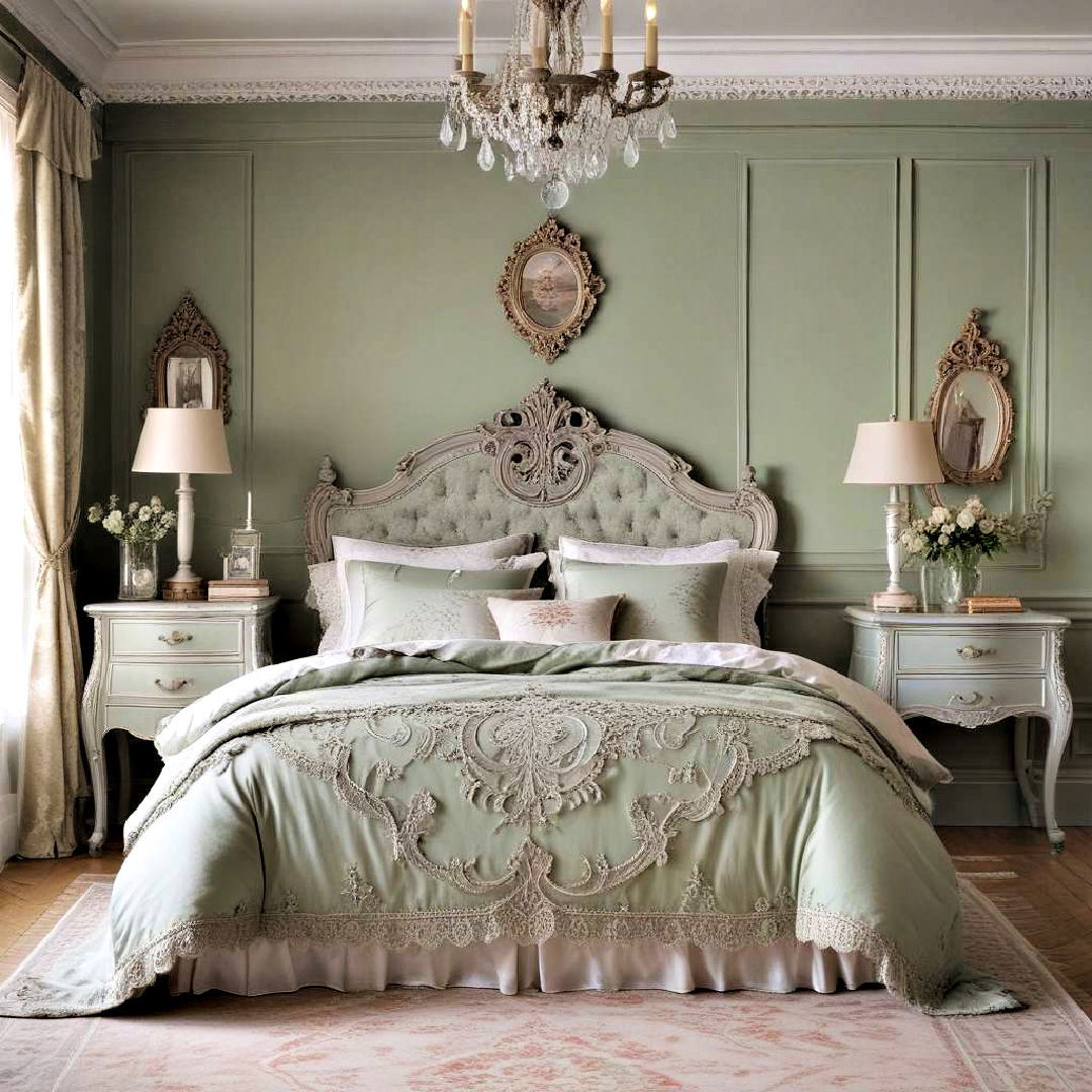 vintage romance theme bedroom - 25 Sage Green and Grey Bedroom Ideas