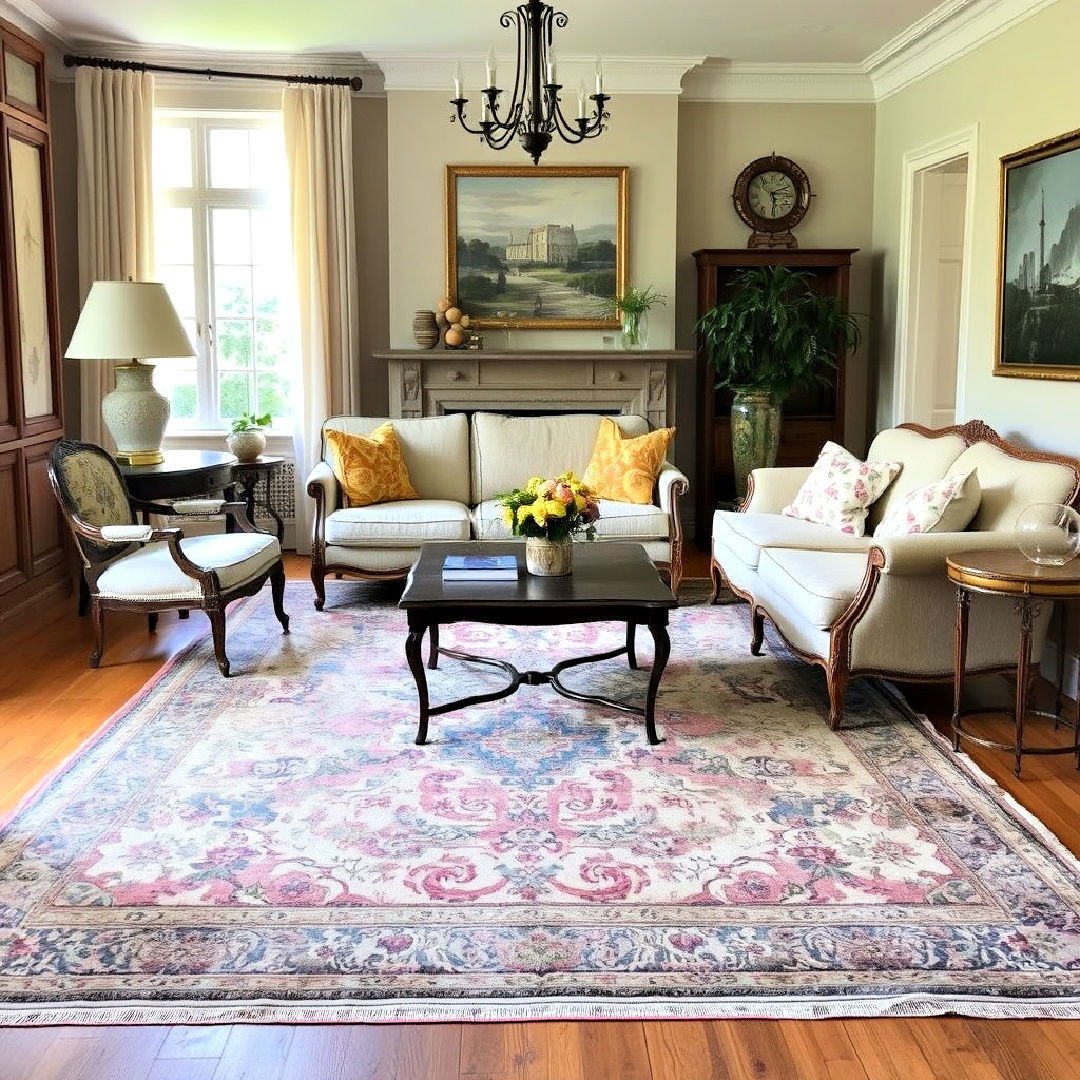 vintage rug for classic warmth - 40 French Country Living Room Ideas