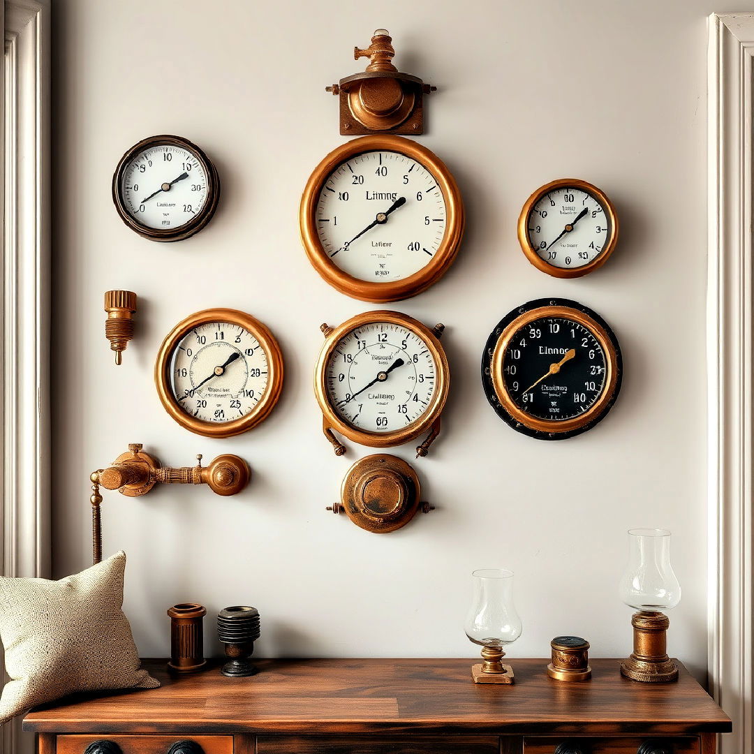 vintage steam gauges and pressure dials - 25 Steampunk Interior Design Ideas