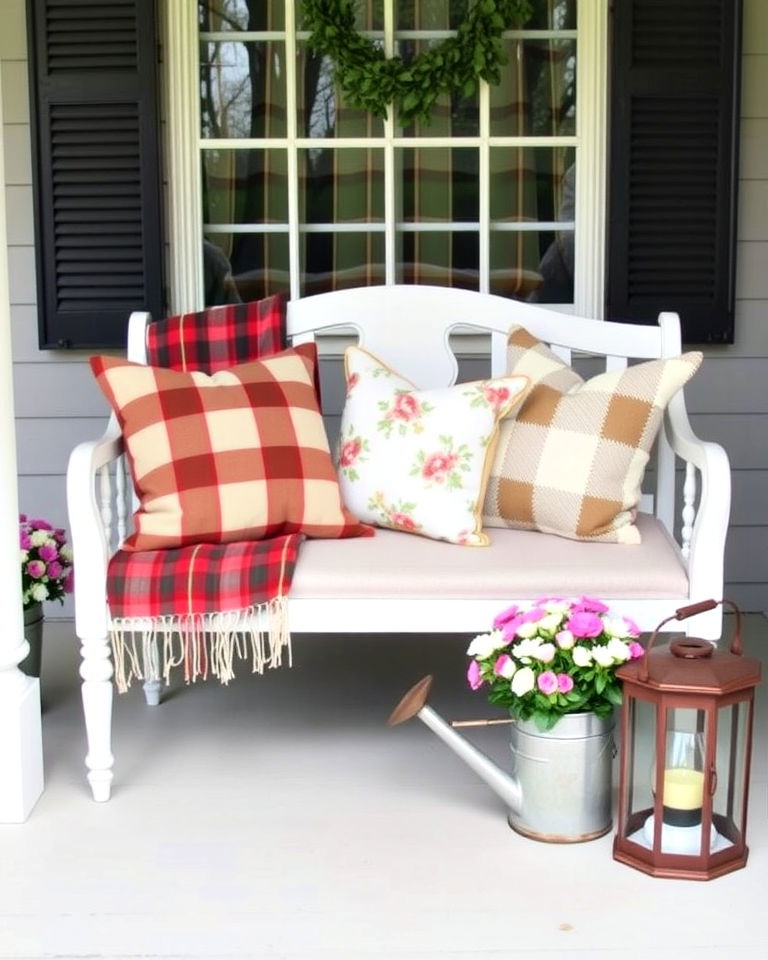 vintage style bench with throw pillows - 15 Cottage Front Porch Ideas