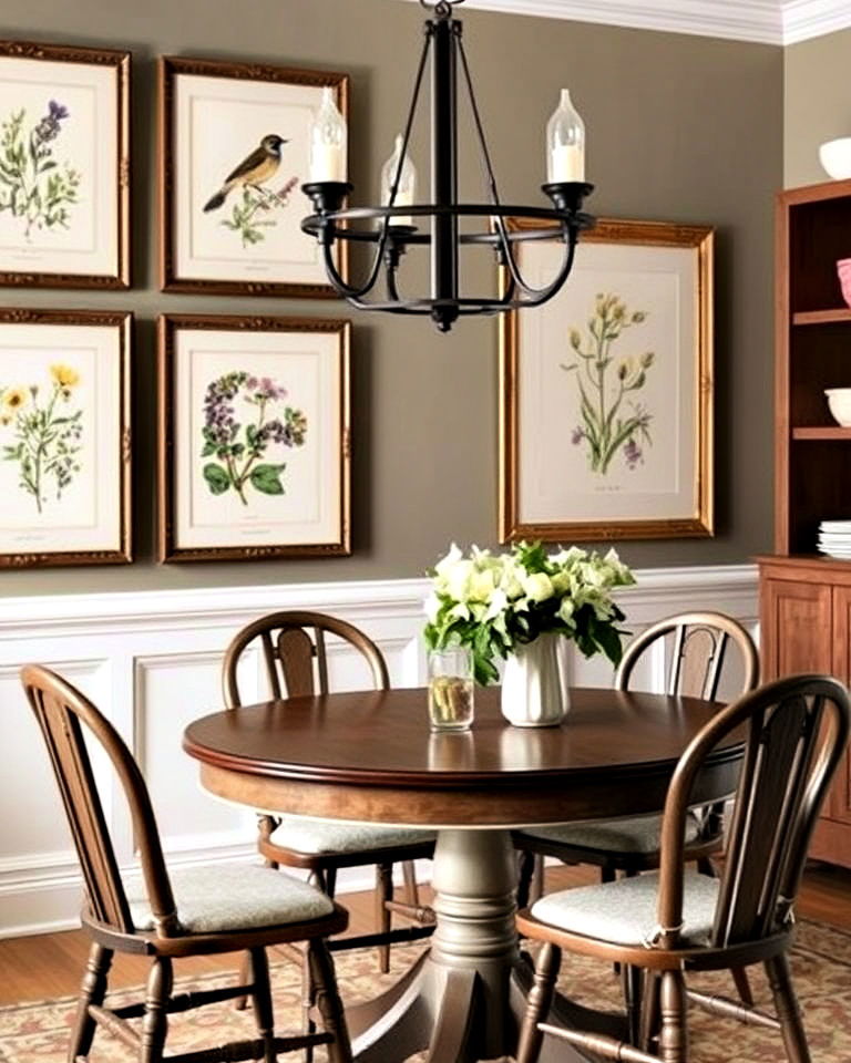 vintage style botanical prints - 30 Cottagecore Dining Room Ideas