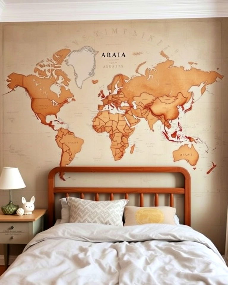 vintage style map accent wall - 30 Kids Room Accent Wall Ideas