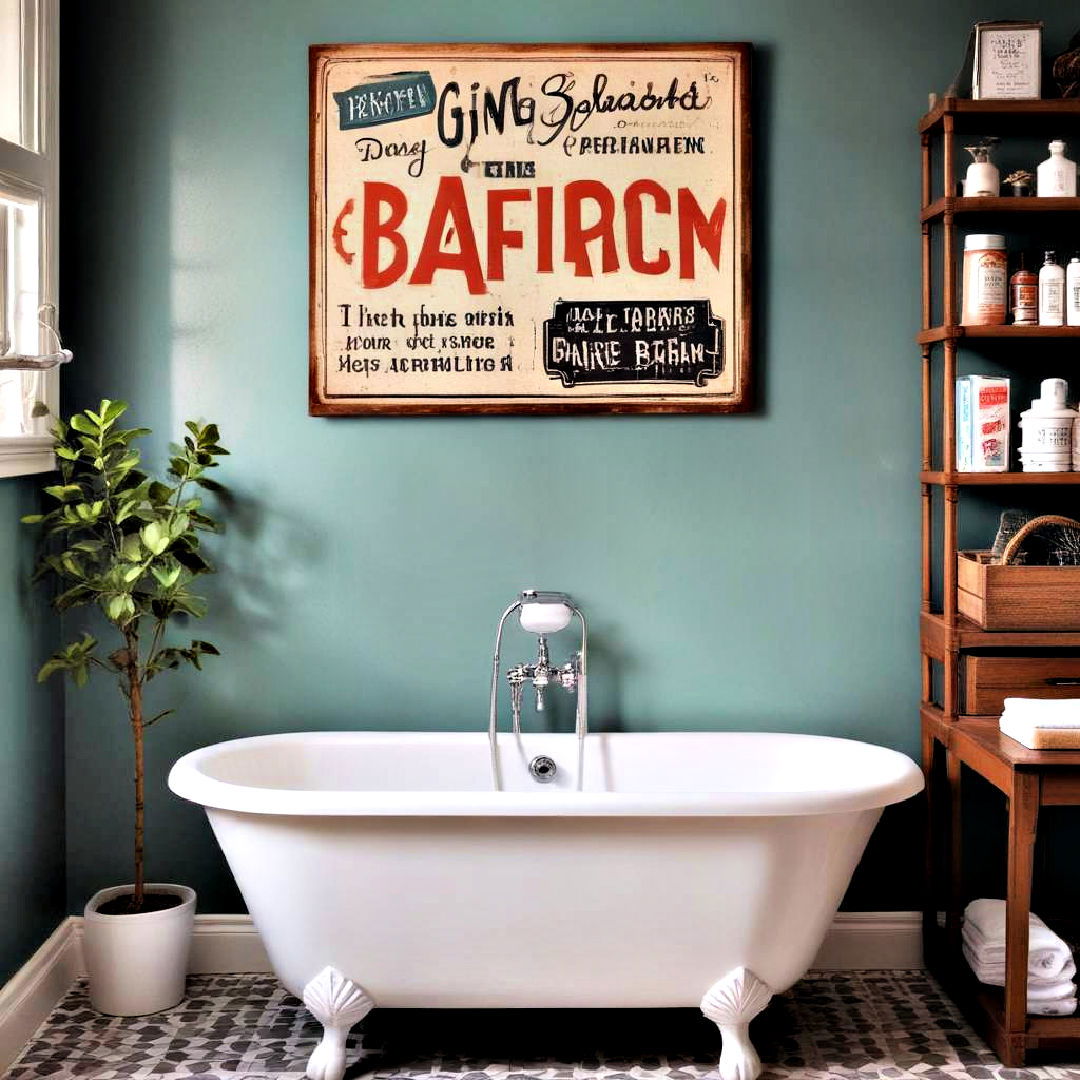 vintage style sign for nostalgic feel - 25 Bathroom Art Ideas