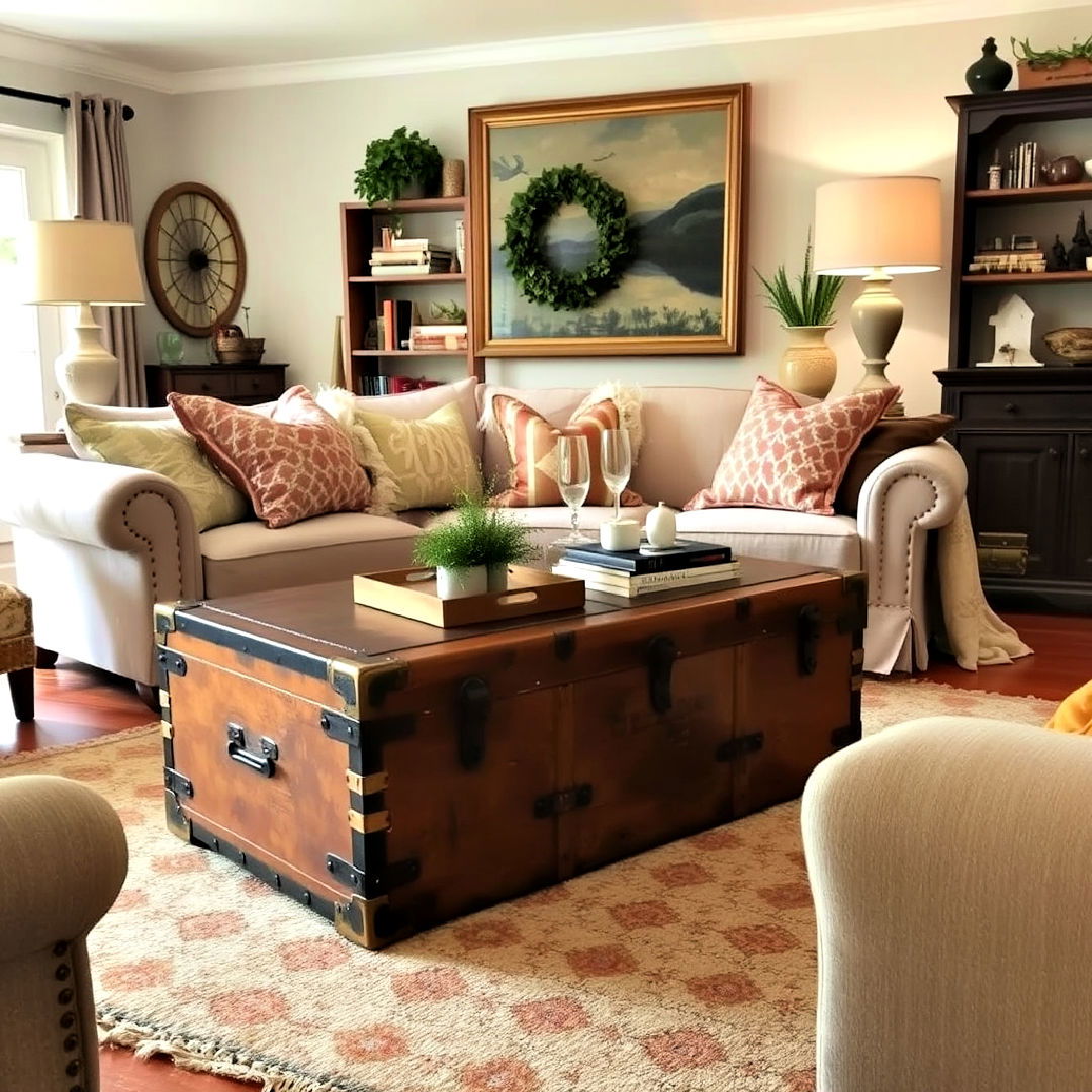 vintage trunk as coffee table ideas - 25 Shabby-chic Style Living Room Ideas