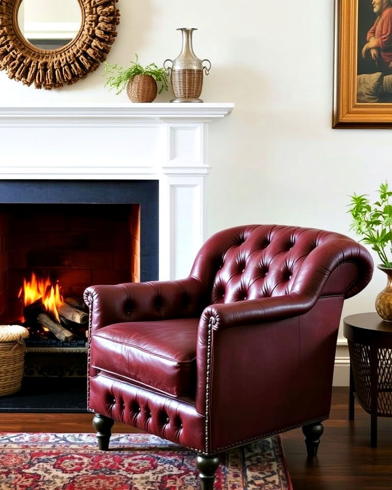 vintage tufted chesterfield armchair - 20 Chairs in Front of Fireplace Ideas