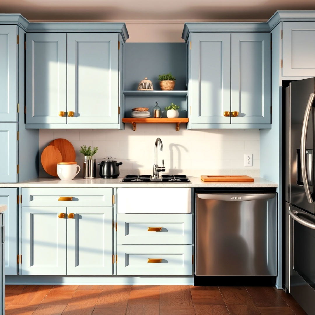 vintage twist muted blue cabinets and gold latches - 30 Blue Kitchen Cabinets With Gold Hardware