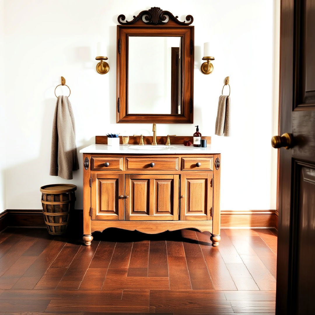 vintage vanity with dark wood floor - 25 Dark Wood Floor Bathroom Ideas